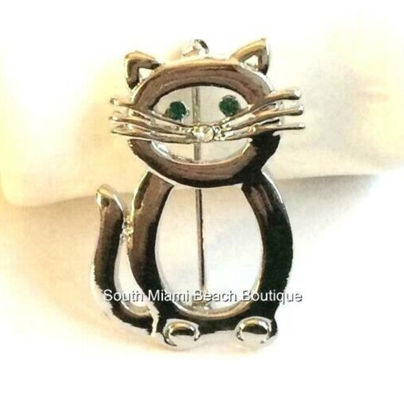 Cat Kitten Pin Brooch Crystal Silver Rhodium Plated Kitty Lady Rescue Vet Gift - Picture 1 of 8